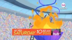 Size: 1105x621 | Tagged: derpibooru import, equestria games, equestria games (episode), hub logo, official, promo, safe, screencap, spike, the hub, torch