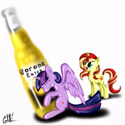 Size: 720x720 | Tagged: artist needed, safe, derpibooru import, sunset shimmer, twilight sparkle, twilight sparkle (alicorn), alicorn, pegasus, pony, unicorn, alcohol, beer, comic, corona, female, mare, pun, spanish