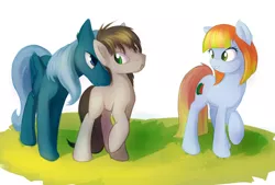 Size: 1280x864 | Tagged: safe, artist:sokolas, derpibooru import, oc, oc:melon drop, unofficial characters only, earth pony, pegasus, pony, :<, blank flank, female, grin, male, mare, nervous, nuzzling, pushing, raised hoof, smiling, stallion