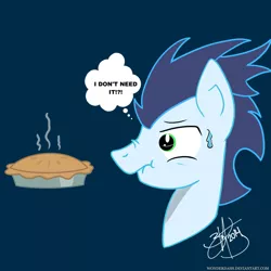 Size: 1024x1024 | Tagged: artist:wonderdash, denial, derpibooru import, food, nervous, pie, safe, soarin', solo, spongebob squarepants, sweat, that pony sure does love pies