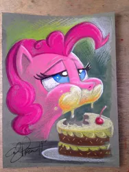 Size: 768x1024 | Tagged: artist:andypriceart, aweeg*, cake, derpibooru import, food, messy eating, photo, pinkie pie, safe, solo, traditional art