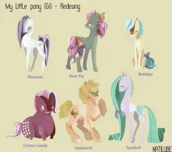 Size: 737x652 | Tagged: safe, artist:sanity-in-technicolor, derpibooru import, applejack (g1), blossom, bowtie (g1), bubbles (g1), cotton candy (g1), seashell (g1), earth pony, pony, bow, g1, raised hoof, redesign, simple background, tail bow, yellow background