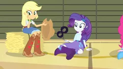 Size: 1440x810 | Tagged: safe, derpibooru import, screencap, applejack, pinkie pie, rarity, equestria girls, equestria girls (movie), rainbow rocks, shake your tail, boots, bracelet, clothes, cowboy boots, cowboy hat, hat, hay bale, high heel boots, jewelry, mask, shoes, skirt