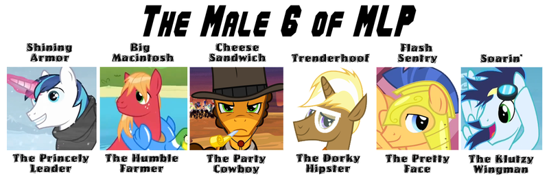 Size: 1280x417 | Tagged: safe, derpibooru import, big macintosh, cheese sandwich, flash sentry, shining armor, soarin', trenderhoof, earth pony, pony, alternate mane six, male, male 6, meme, stallion