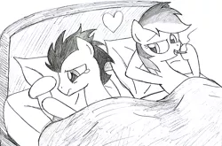 Size: 1264x836 | Tagged: suggestive, artist:hyolark, derpibooru import, rainbow dash, soarin', aftersex, cigarette, crying, female, male, monochrome, ruined for marriage, sad, shipping, smoking, soarindash, straight, traditional art