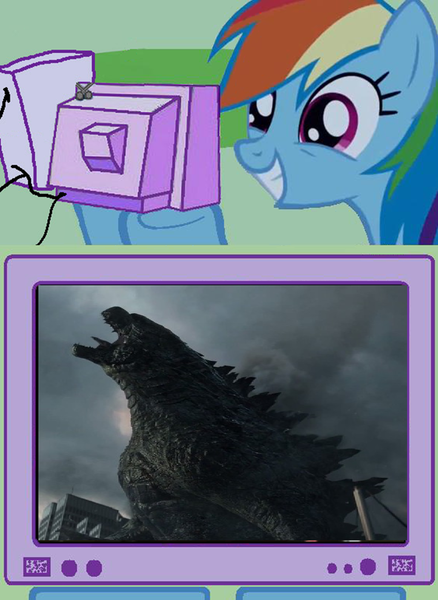 Size: 879x1205 | Tagged: derpibooru import, exploitable meme, godzilla, godzilla 2014, godzilla (series), kaiju, legendary pictures, meme, obligatory pony, rainbow dash, roar, safe, trailer, tv meme, tv spot