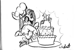 Size: 894x599 | Tagged: artist:wingbeatpony, cake, chef's hat, derpibooru import, food, frosting, hat, monochrome, oc, oc:candy swirl, safe, solo, unofficial characters only