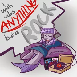 Size: 1000x1000 | Tagged: artist:php52, beanbag chair, derpibooru import, frank zappa, freak out!, headphones, maud pie, record, record player, safe, solo, speech bubble