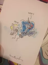Size: 768x1024 | Tagged: safe, artist:katiecandraw, derpibooru import, derpy hooves, princess luna, alicorn, pegasus, pony, gamer luna, :<, :o, :t, biting, chibi, confused, controller, cute, derp, derpabetes, eating, female, headset, hoof hold, irl, lunabetes, mare, mouth hold, nom, open mouth, photo, puffy cheeks, raised eyebrow, traditional art, wat, wtf