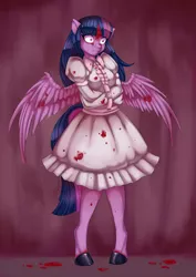 Size: 1984x2805 | Tagged: alicorn, anthro, artist:misukitty, blood, bondage, derpibooru import, grimdark, missing horn, solo, straitjacket, twilight sparkle, twilight sparkle (alicorn), unguligrade anthro