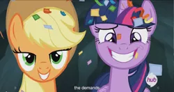 Size: 1441x763 | Tagged: safe, derpibooru import, edit, edited screencap, screencap, applejack, twilight sparkle, twilight sparkle (alicorn), alicorn, pony, trade ya, caption, female, hub logo, mare, meme, youtube caption