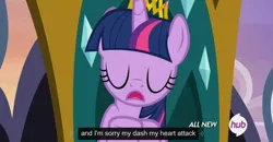 Size: 1600x830 | Tagged: safe, derpibooru import, edit, edited screencap, screencap, twilight sparkle, twilight sparkle (alicorn), alicorn, pony, trade ya, caption, female, heart attack, hub logo, mare, meme, youtube caption