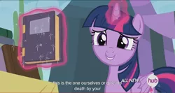 Size: 1440x764 | Tagged: safe, derpibooru import, edit, edited screencap, screencap, twilight sparkle, twilight sparkle (alicorn), alicorn, pony, trade ya, caption, female, hub logo, mare, meme, solo, youtube caption