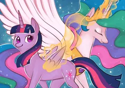 Size: 1000x700 | Tagged: safe, artist:kkitsu, artist:wispful, derpibooru import, princess celestia, twilight sparkle, twilight sparkle (alicorn), alicorn, pony, female, magic, mare