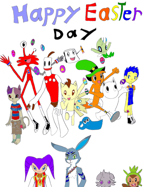 Size: 2454x3154 | Tagged: artist:pokeneo1234, bloo (foster's), bunnymund, celebi, chespin, crossover, derpibooru import, don't hug me i'm scared, easter, easter egg, espurr, foster's home for imaginary friends, gregory horror show, holiday, klaymen, manny reginald, mass crossover, moomins, moomintroll, neko zombie, nights, nights into dreams, notepad (dhmis), pokémon, pound cake, pumpkin cake, rise of the guardians, safe, the neverhood, wander over yonder, wander (wander over yonder), wilt (foster's home for imaginary friends)