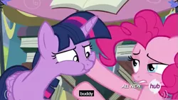 Size: 621x351 | Tagged: safe, derpibooru import, edit, edited screencap, screencap, pinkie pie, twilight sparkle, twilight sparkle (alicorn), alicorn, pony, trade ya, caption, female, hub logo, mare, meme, youtube caption