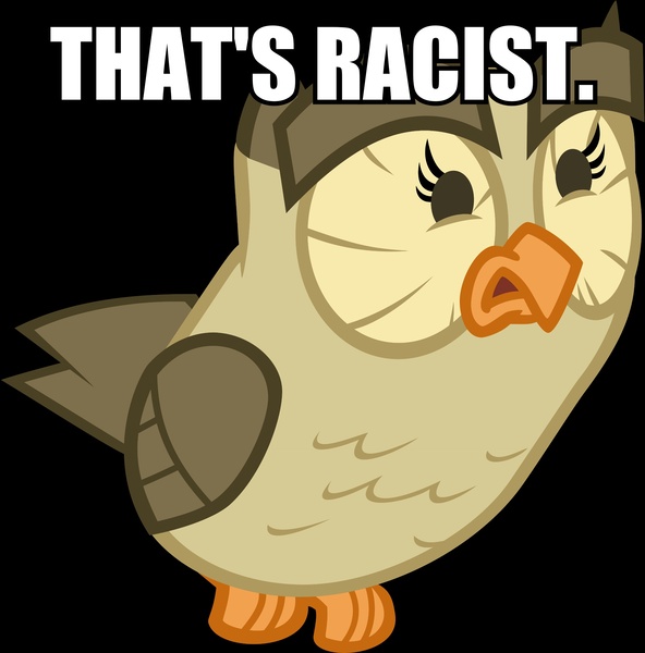 Size: 2221x2252 | Tagged: artist:hugomndz, bird, black background, bootleg pokémon games, caption, derpibooru import, edit, image macro, jacques, jontron, male, meme, owl, owlowiscious, pokémon, racism, reaction image, safe, simple background, solo, text, that's racist