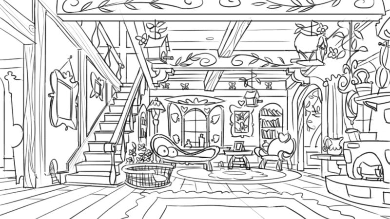 Size: 960x540 | Tagged: artist:phil caesar, background, derpibooru import, fim crew, fluttershy's cottage, grayscale, interior, lineart, monochrome, official, official art, production art, safe, sketch