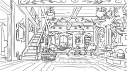 Size: 960x540 | Tagged: artist:phil caesar, background, derpibooru import, fim crew, fluttershy's cottage, grayscale, interior, lineart, monochrome, official, official art, production art, safe, sketch