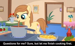 Size: 1600x973 | Tagged: safe, derpibooru import, oc, oc:cream heart, unofficial characters only, earth pony, pony, comic:celestia's servant interview, bedroom eyes, caption, cooking, cs captions, female, food, french fries, hay fries, interview, ketchup, mare, meta, sauce, solo