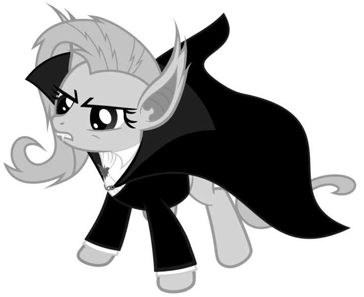 Size: 6000x4900 | Tagged: safe, artist:magister39, derpibooru import, fluttershy, bat pony, pony, vampire, bats!, absurd resolution, bat ponified, cape, clothes, fangs, flutterbat, monochrome, outfit, race swap, retro, simple background, solo, transparent background, vector