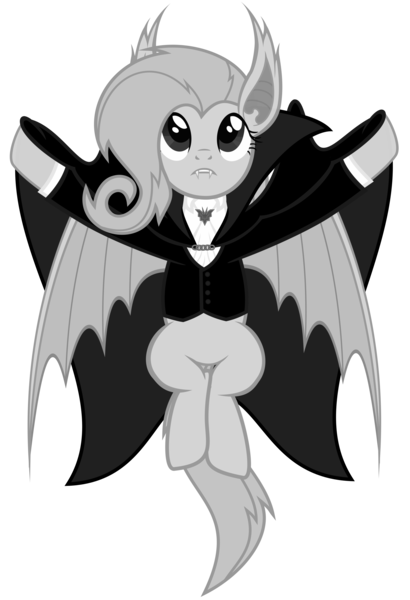 Size: 4100x6000 | Tagged: safe, artist:magister39, derpibooru import, fluttershy, bat pony, pony, vampire, bats!, absurd resolution, bat ponified, cape, clothes, fangs, flutterbat, monochrome, outfit, race swap, retro, simple background, solo, transparent background, vector