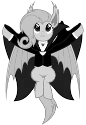 Size: 4100x6000 | Tagged: safe, artist:magister39, derpibooru import, fluttershy, bat pony, pony, vampire, bats!, absurd resolution, bat ponified, cape, clothes, fangs, flutterbat, monochrome, outfit, race swap, retro, simple background, solo, transparent background, vector