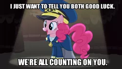 Size: 1920x1080 | Tagged: safe, derpibooru import, screencap, pinkie pie, earth pony, pony, testing testing 1-2-3, airplane!, caption, clothes, costume, female, hat, image macro, mare, meme, motivational, solo, text, uniform