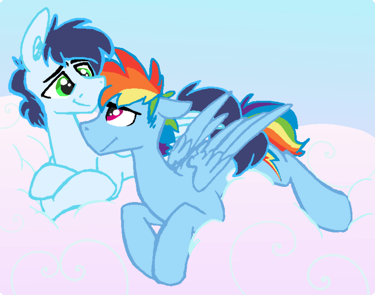 Size: 814x641 | Tagged: safe, artist:artflicker, derpibooru import, rainbow dash, soarin', cloud, female, gay, half r63 shipping, male, rainbow blitz, rule 63, shipping, soarinblitz, soarindash, straight