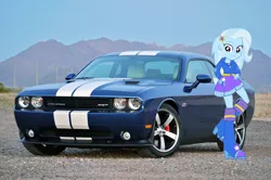 Size: 1280x850 | Tagged: safe, artist:bronynel, derpibooru import, edit, trixie, equestria girls, car, dodge (car), dodge challenger, dodge challenger srt8 392, irl, looking at you, photo, solo