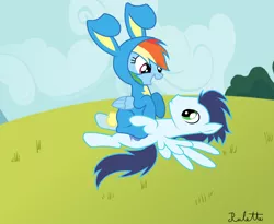 Size: 3300x2700 | Tagged: safe, artist:rulette, derpibooru import, rainbow dash, soarin', rabbit, animal, animal costume, bunny costume, clothes, costume, cute, dashabetes, easter, easter bunny, female, holiday, male, shipping, sitting, smiling, soarindash, straight