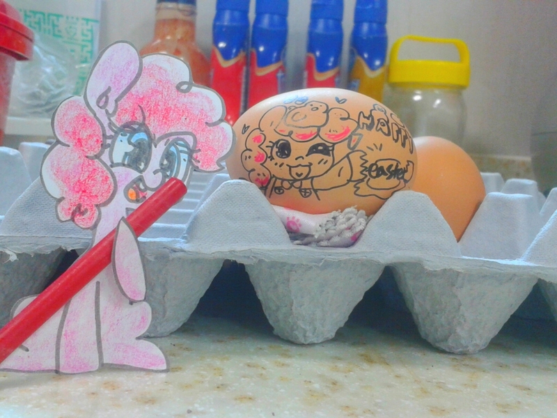 Size: 1024x768 | Tagged: artist:danadyu, derpibooru import, easter, egg (food), food, holiday, jumped-out-pinkieanswers, paper child, pinkie pie, safe