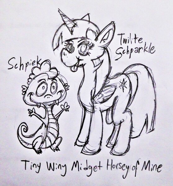 Size: 1024x1104 | Tagged: safe, artist:hellarmy, derpibooru import, spike, twilight sparkle, twilight sparkle (alicorn), alicorn, pony, doodle, female, mare, monochrome, traditional art