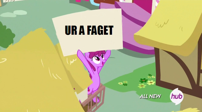 Size: 842x468 | Tagged: all new, berry punch, berryshine, berry's sign, derpibooru import, edit, edited screencap, exploitable meme, faggot, hub logo, impact font, meme, safe, screencap, solo, text, ur a faget, vulgar