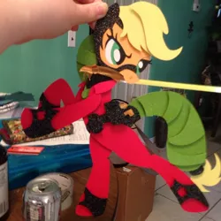 Size: 640x640 | Tagged: safe, artist:the-paper-pony, derpibooru import, applejack, mistress marevelous, pony, power ponies (episode), bipedal, hand, irl, mouth hold, paper child, photo, power ponies, weapon