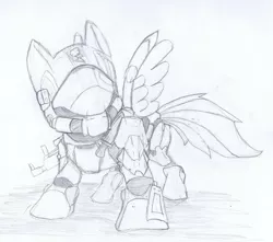 Size: 1648x1456 | Tagged: armor, artist:fangedwind, crossover, derpibooru import, grayscale, halo (series), monochrome, odst, rainbow dash, safe, sketch, solo, traditional art