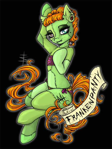 Size: 681x900 | Tagged: artist:tt-n, clothes, derpibooru import, ear piercing, earring, frankenstein's monster, frilly underwear, jewelry, monster mare, oc, oc:mt, panties, piercing, polka dot underwear, ribbon, semi-anthro, solo, stitches, suggestive, underwear, unofficial characters only