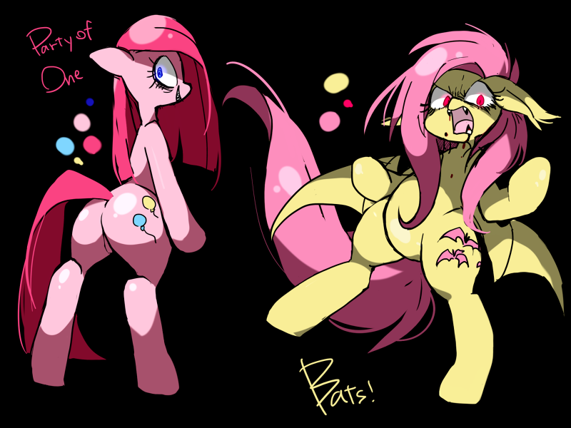 Size: 800x600 | Tagged: safe, artist:oniku, derpibooru import, fluttershy, pinkie pie, bat pony, bats!, party of one, bat ponified, blood, butt, cutie mark, explicit source, flutterbat, pinkamena diane pie, pixiv, plot, race swap