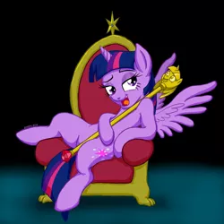 Size: 800x800 | Tagged: safe, artist:snapai, derpibooru import, twilight sparkle, twilight sparkle (alicorn), alicorn, pony, bedroom eyes, female, mare, scepter, solo, throne, twilight scepter