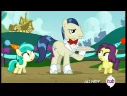 Size: 720x540 | Tagged: safe, derpibooru import, screencap, banana peel (character), mint flower, savoir fare, pony, inspiration manifestation, female, filly, hub logo, waiter