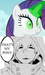 Size: 550x922 | Tagged: safe, derpibooru import, edit, edited screencap, screencap, rarity, pony, unicorn, inspiration manifestation, bleach (manga), corrupted, cropped, female, green eyes, gremmy thoumeaux, inspirarity, magic, magic aura, mare, meme, possessed, that's my pony, that's my x