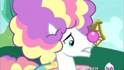 Size: 576x324 | Tagged: safe, derpibooru import, screencap, banana peel (character), mint flower, savoir fare, pony, inspiration manifestation, 5-year-old, animated, clown, female, filly, hat, hub logo, hubble, party hat, the hub, transformation, waiter