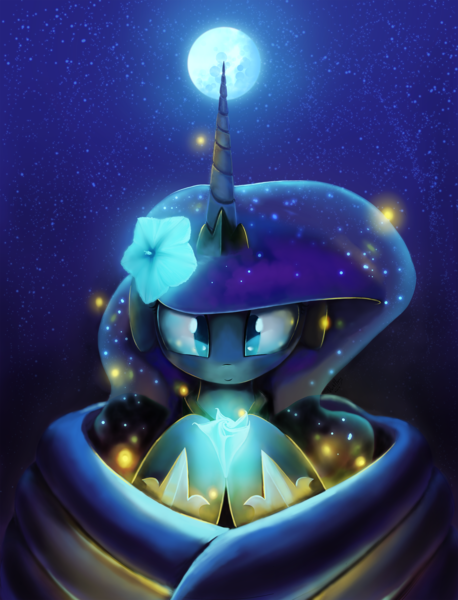 Size: 2000x2622 | Tagged: safe, artist:darkflame75, derpibooru import, princess luna, alicorn, firefly (insect), insect, pony, cute, female, flower, full moon, glow, high res, hoof shoes, lunabetes, mare, moon, moonflower, night, sky, solo, starry night, stars