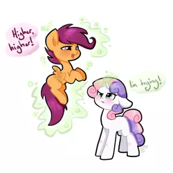 Size: 1280x1280 | Tagged: artist:otterlore, derpibooru import, dialogue, duo, levitation, magic, safe, scootaloo, scootaloo can't fly, scootalove, simple background, sweetie belle, sweetie belle's magic brings a great big smile, telekinesis, white background