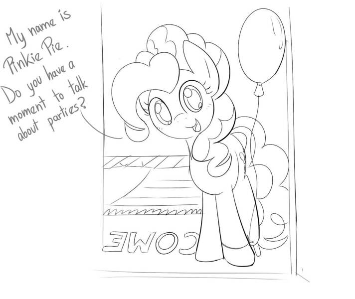 Size: 1280x1078 | Tagged: artist:mcsadat, balloon, derpibooru import, jehovah's witness, monochrome, pinkie pie, safe, solo