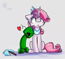 Size: 1791x1623 | Tagged: safe, artist:suplolnope, derpibooru import, sweetie belle, pony, unicorn, :<, creeper, crossover, crossover shipping, floating heart, heart, interspecies, minecraft, shipping, simple background, snuggling, this will end in death, this will end in tears, this will end in tears and/or death