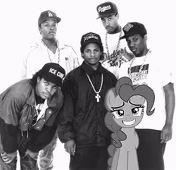 Size: 292x282 | Tagged: derpibooru import, dj yella, dr. dre, eazy-e, gangsta, grayscale, hip hop, ice cube (rapper), mc ren, monochrome, nwa, pinkie pie, rap, safe, source needed, useless source url