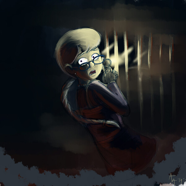 Size: 1400x1400 | Tagged: artist:aa, bars, braid, crossover, derpibooru import, flashlight (object), glasses, human, humanized, konami, looking back, older, older silver spoon, safe, scared, silent hill, silver spoon, solo