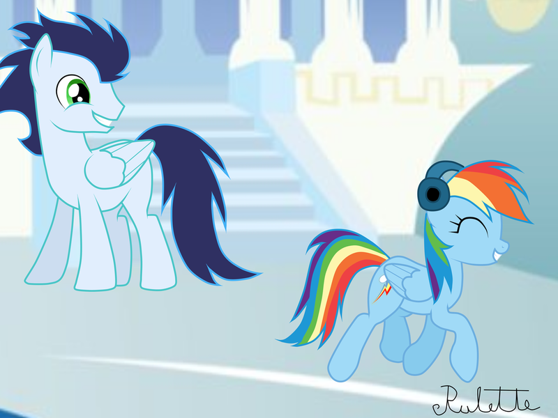 Size: 1024x768 | Tagged: safe, artist:rulette, derpibooru import, rainbow dash, soarin', blank flank, female, headphones, male, shipping, soarindash, straight