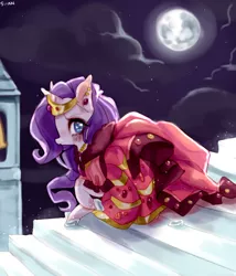 Size: 600x700 | Tagged: artist:shanshantmblr, clothes, derpibooru import, dress, gala dress, glass slipper (footwear), looking at you, moon, night, rarity, safe, sky, solo, stairs, the best night ever